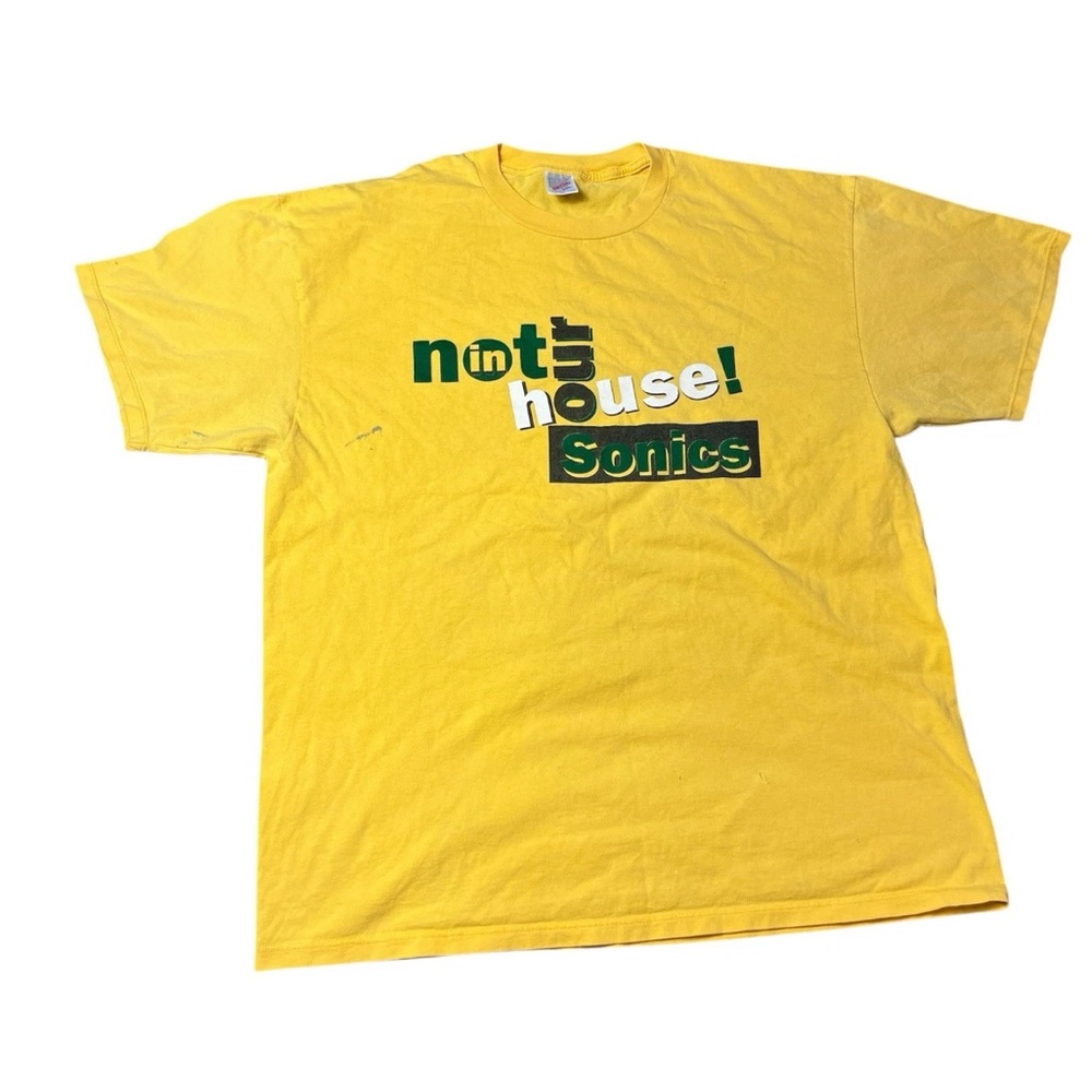 Vintage 90s Seattle Super Sonics NBA Yellow Green Not In Our House Staff T Shirt